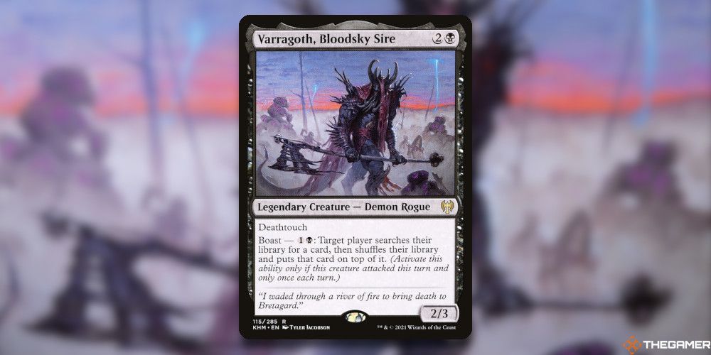 Varragoth Bloodsky Sire Card In front of Card Art Blurred MTG TCG