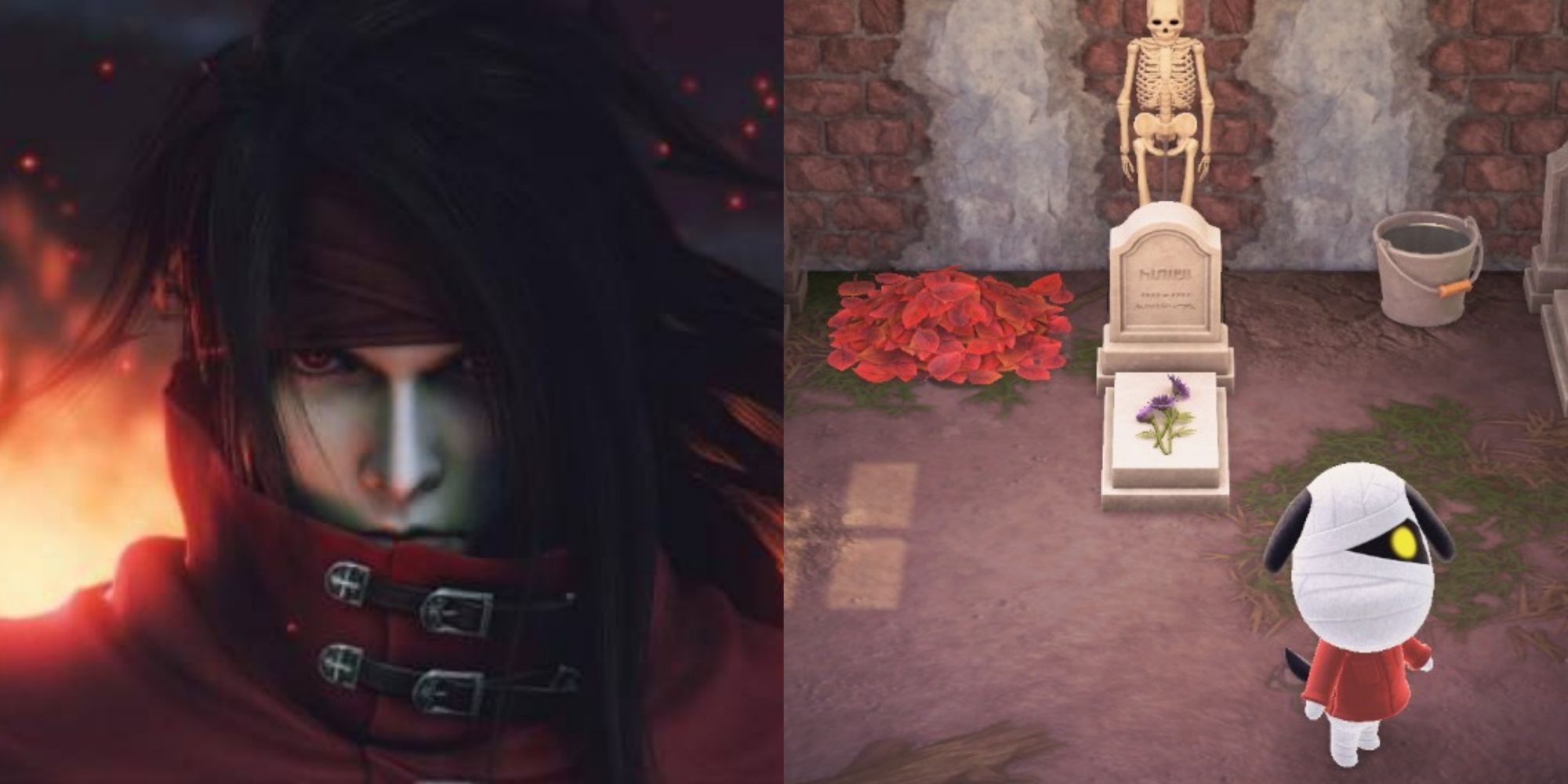 Split image screenshots of a close-up of Vincent Valentine in Dirge of Cerberus and Lucky in his house with a gravestone in Animal Crossing: New Horizons.