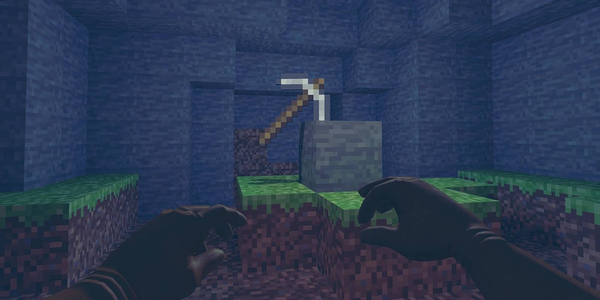 An iron pickaxe from Minecraft is embedded in stone