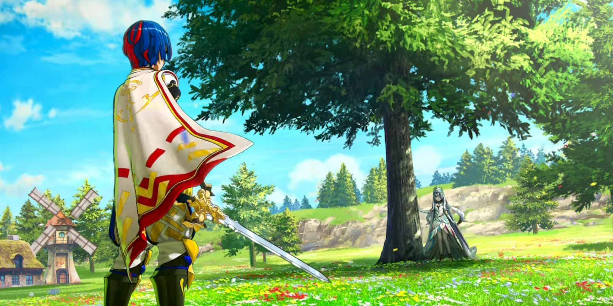 Fire Emblem Engage protagonist Alear stands on a grassy field
