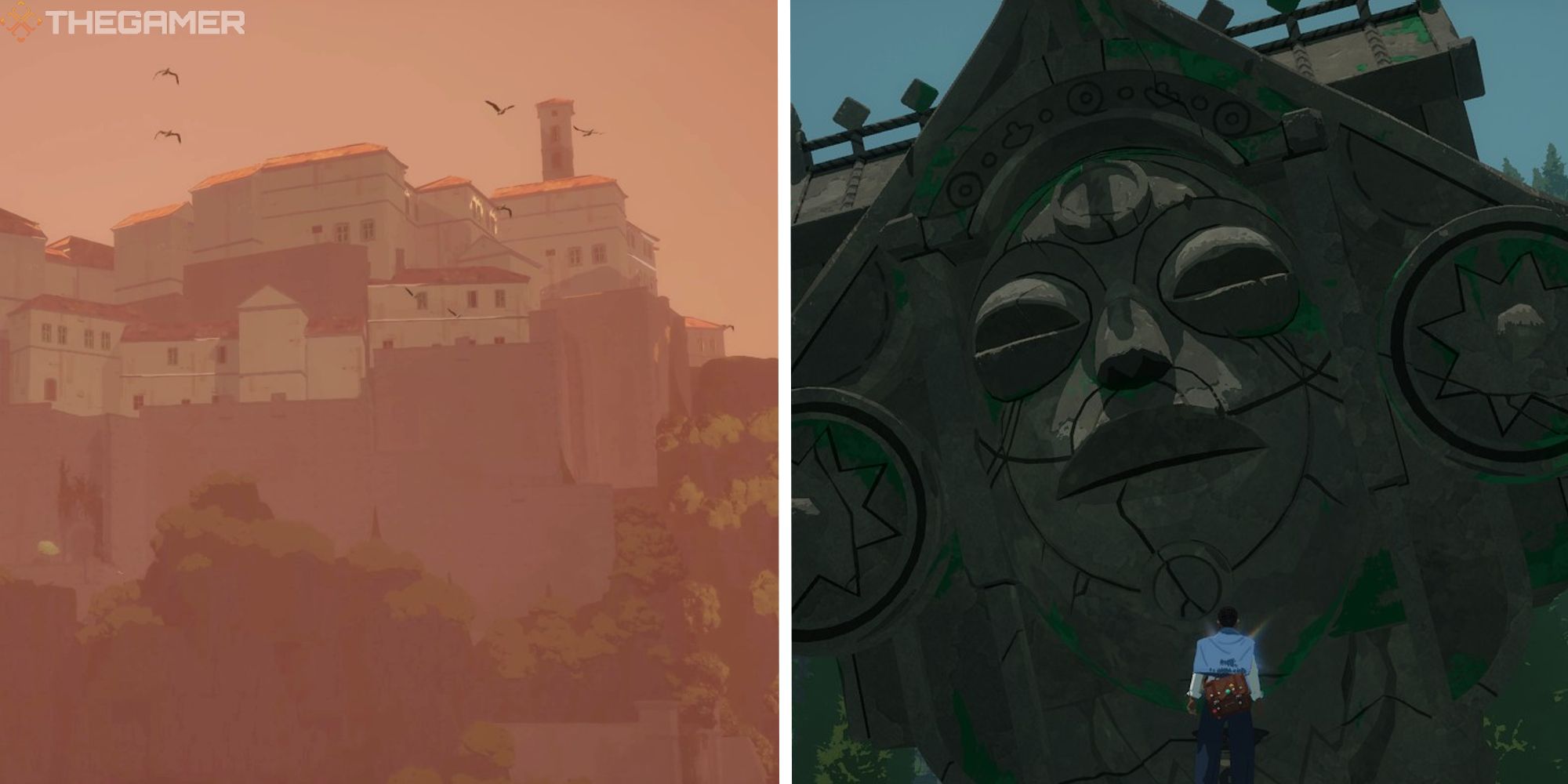 split image showing caro village and mc at a god statue