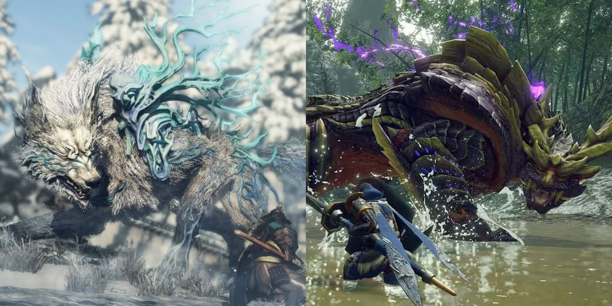 wild hearts vs monster hunter rise conclusion image featuring flagship monsters fighting hunters
