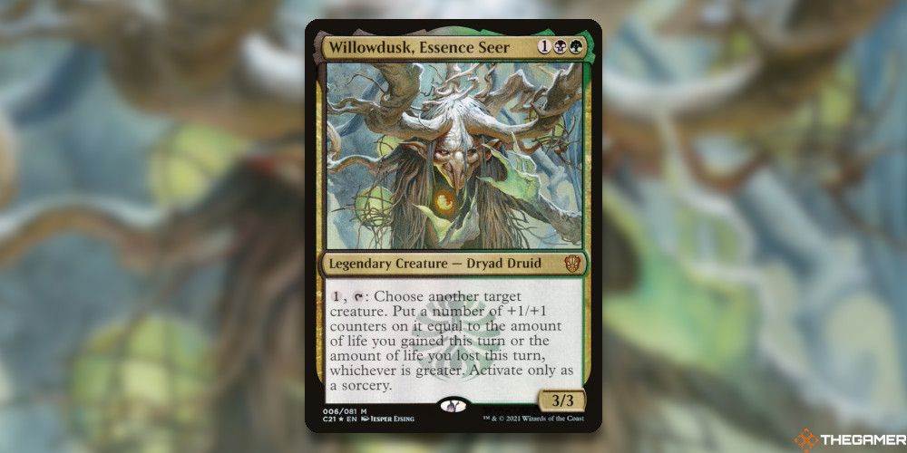 Willowdusk Essence Seer Card In front of Card Art Blurred MTG TCG