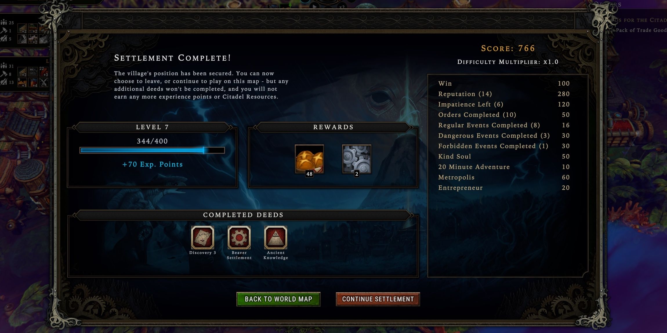 The Win screen, The red squares are the deeds you've completed with this settlement