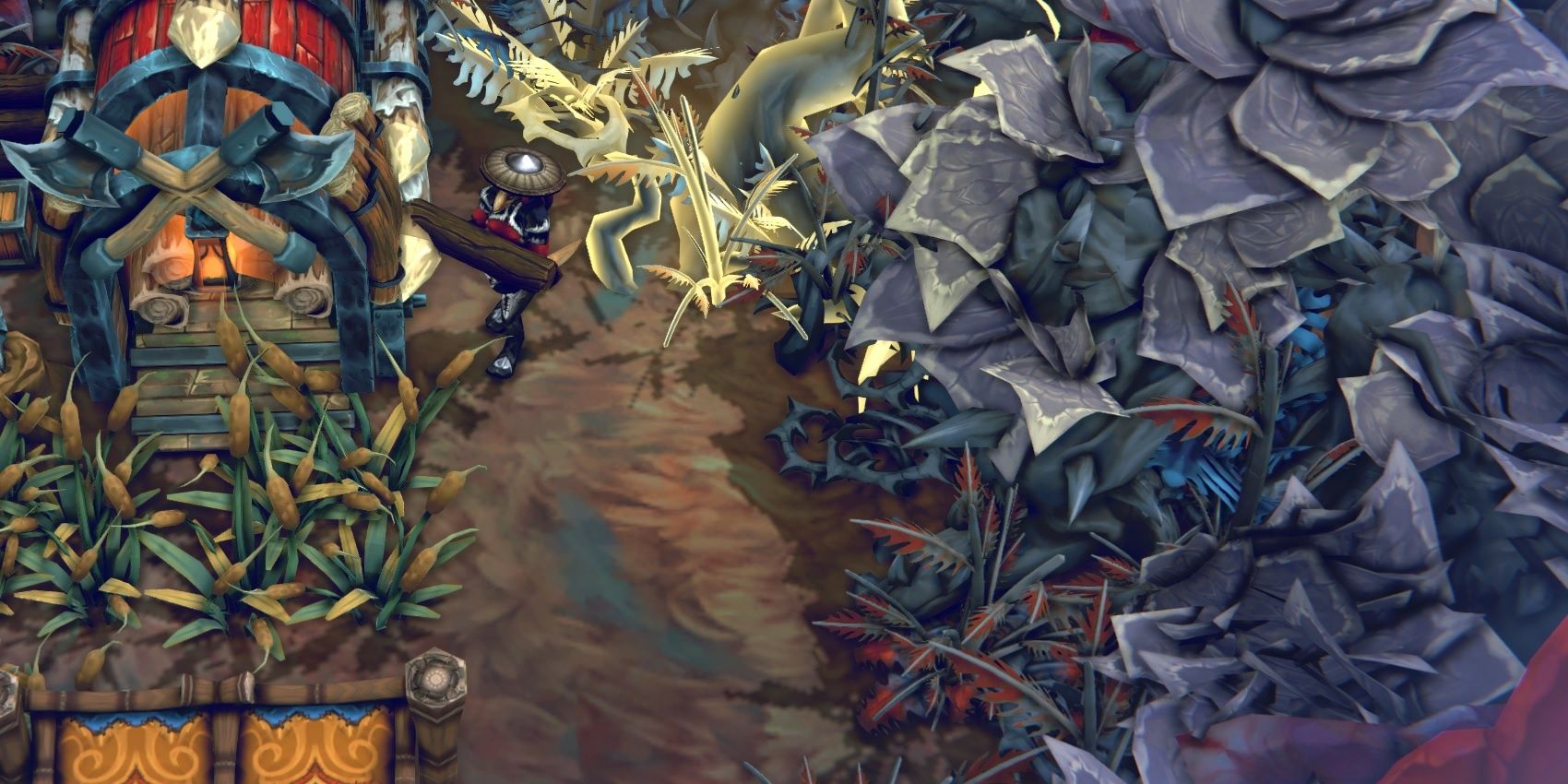 A Lizard Woodcutter moving a haul of wood to a woodcutter's camp (red roof)