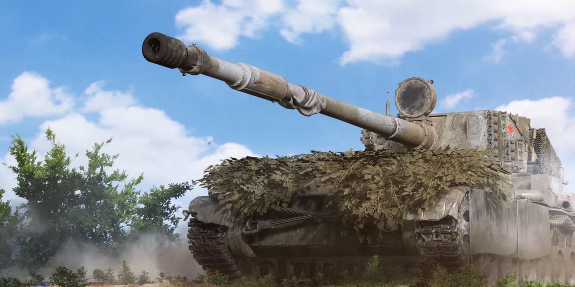 World Of Tanks tank with camoflage netting aiming into the distance