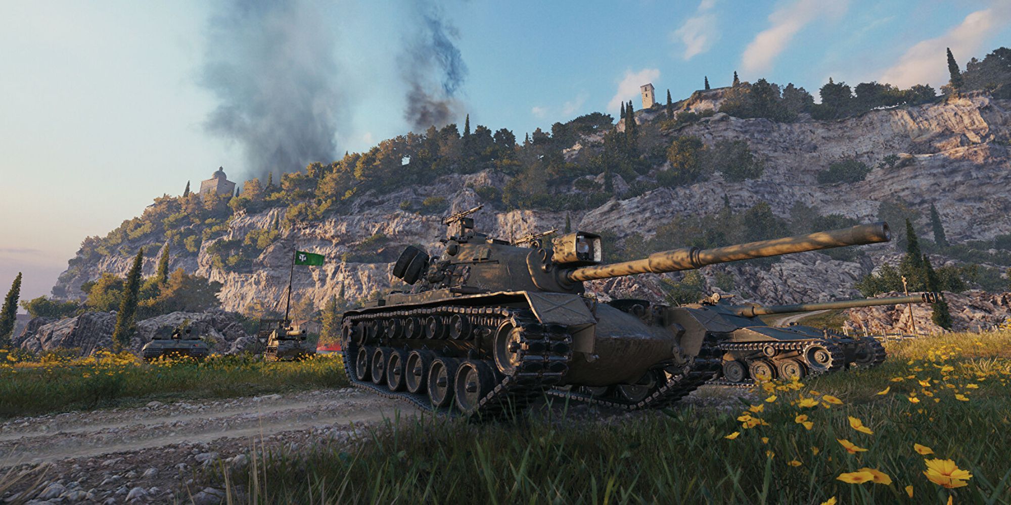 World Of Tanks group of team mates tanks arrayed in front of cliff