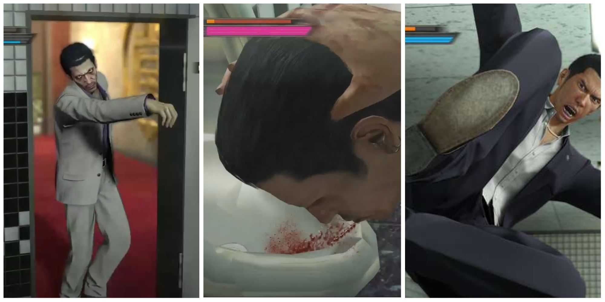 Yakuza 0 - Kiryu fighing a guy in the bathroom and kicking him out the window