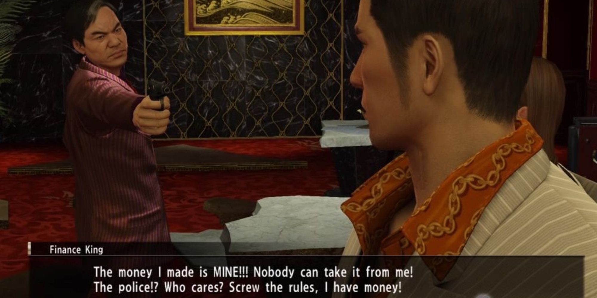 finance king pointing gun at kiryu and saying yugioh abridged catchphrase in dialogue