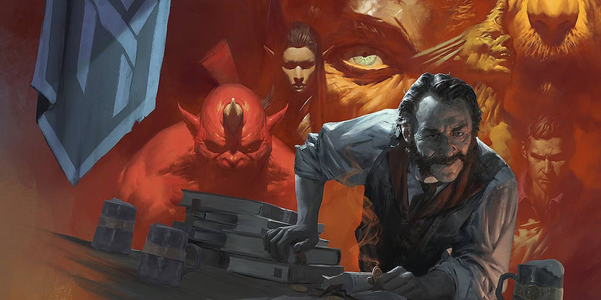 A figure looms on a desk as numerous characters appear in the background