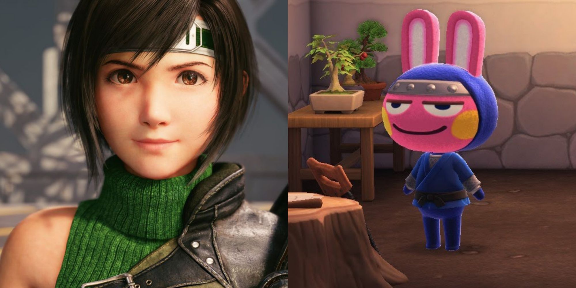 Split image screenshots of a close-up of Yuffie Kisaragi Final Fantasy 7 Remake and Snake next to a workbench and plants in Animal Crossing: New Horizons.