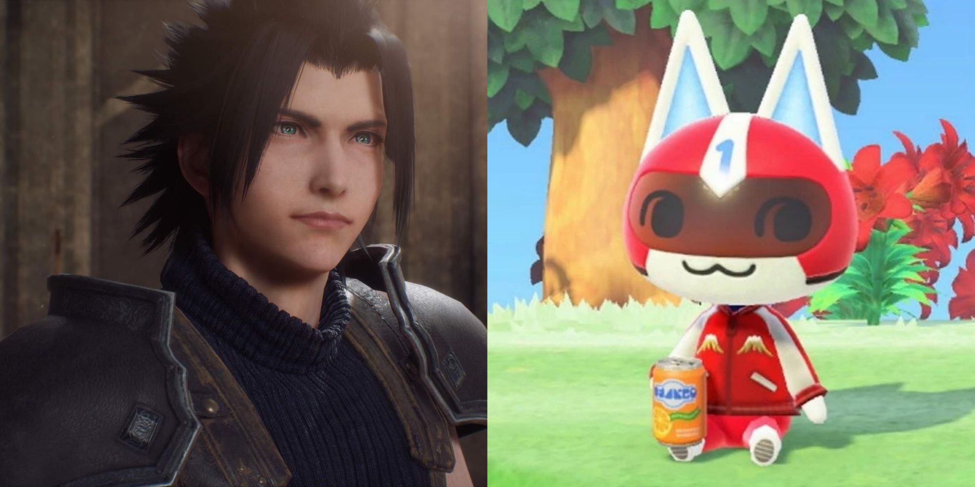 Split image screenshots of a close-up of Zack Fair in Final Fantasy 7 Remake and Kid Cat sitting on the ground holding a can in Animal Crossing: New Horizons.