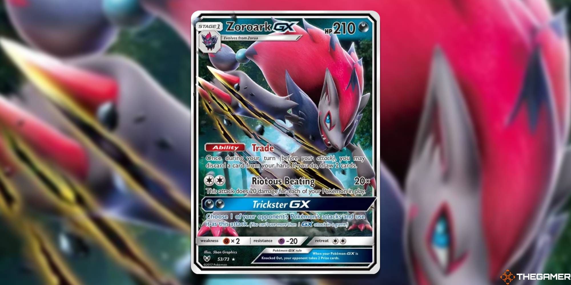 Pokemon TCG: Zoroark GX from Shining Legends, with blurred background