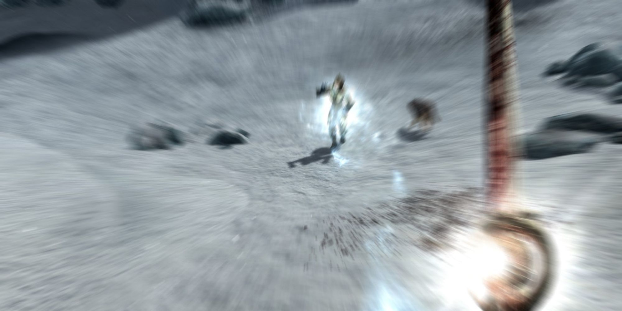player's vision blurs as they get hit with ice spike from enemy mage, Dawnbreaker glows bloodied in the player's hand
