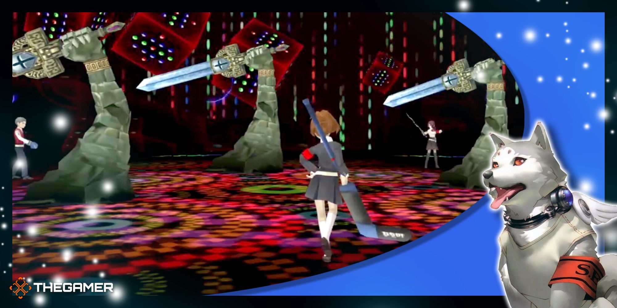 the female protagonist of persona 3 portable facing the three judgement sword guardian shadow enemies in the harabah block of tartarus in our blue koromaru p3p frame