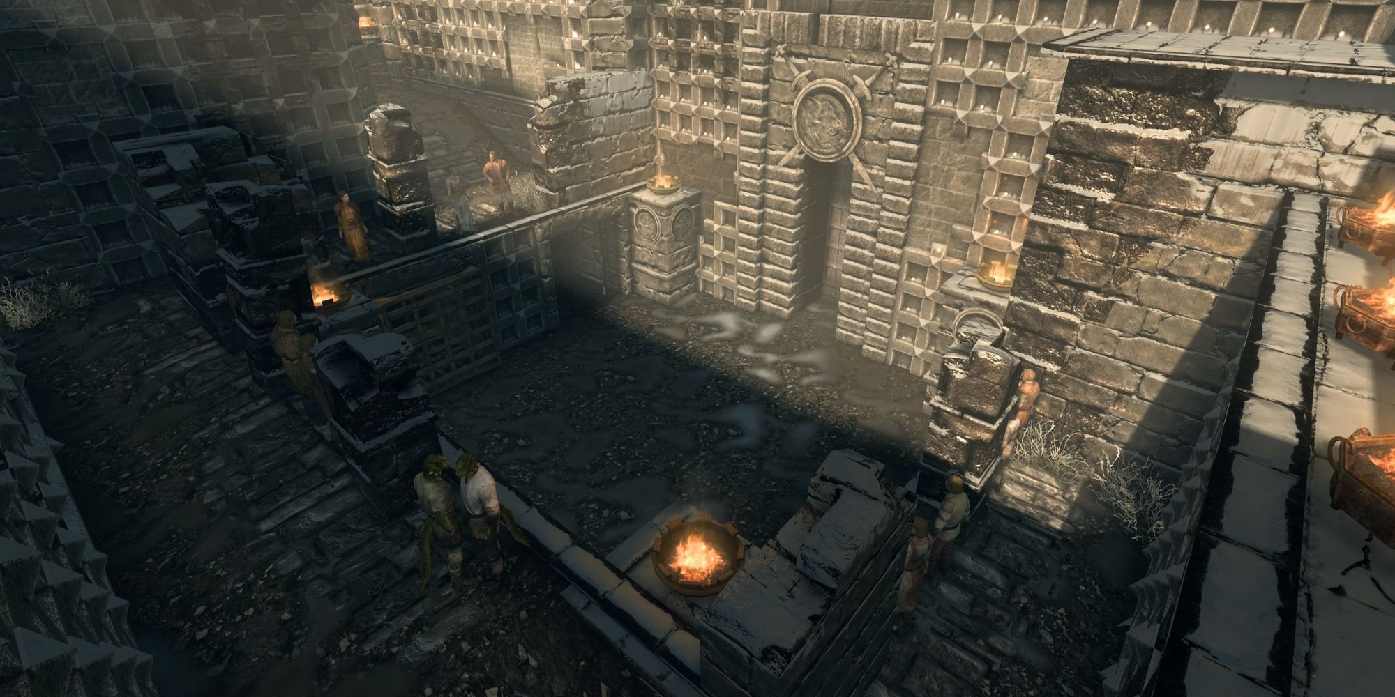 the restored pit of the Windhelm Arena in the daytime, with various citizens standing by the elevated viewing decks