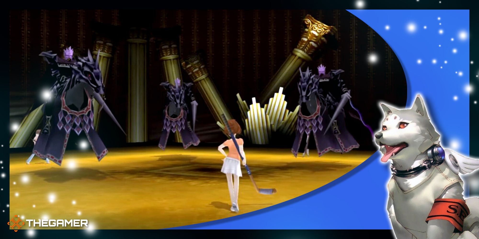 the female protagonist of persona 3 portable facing the three hell knight guardian shadows in the tziah block of tartarus in our blue koromaru p3p frame