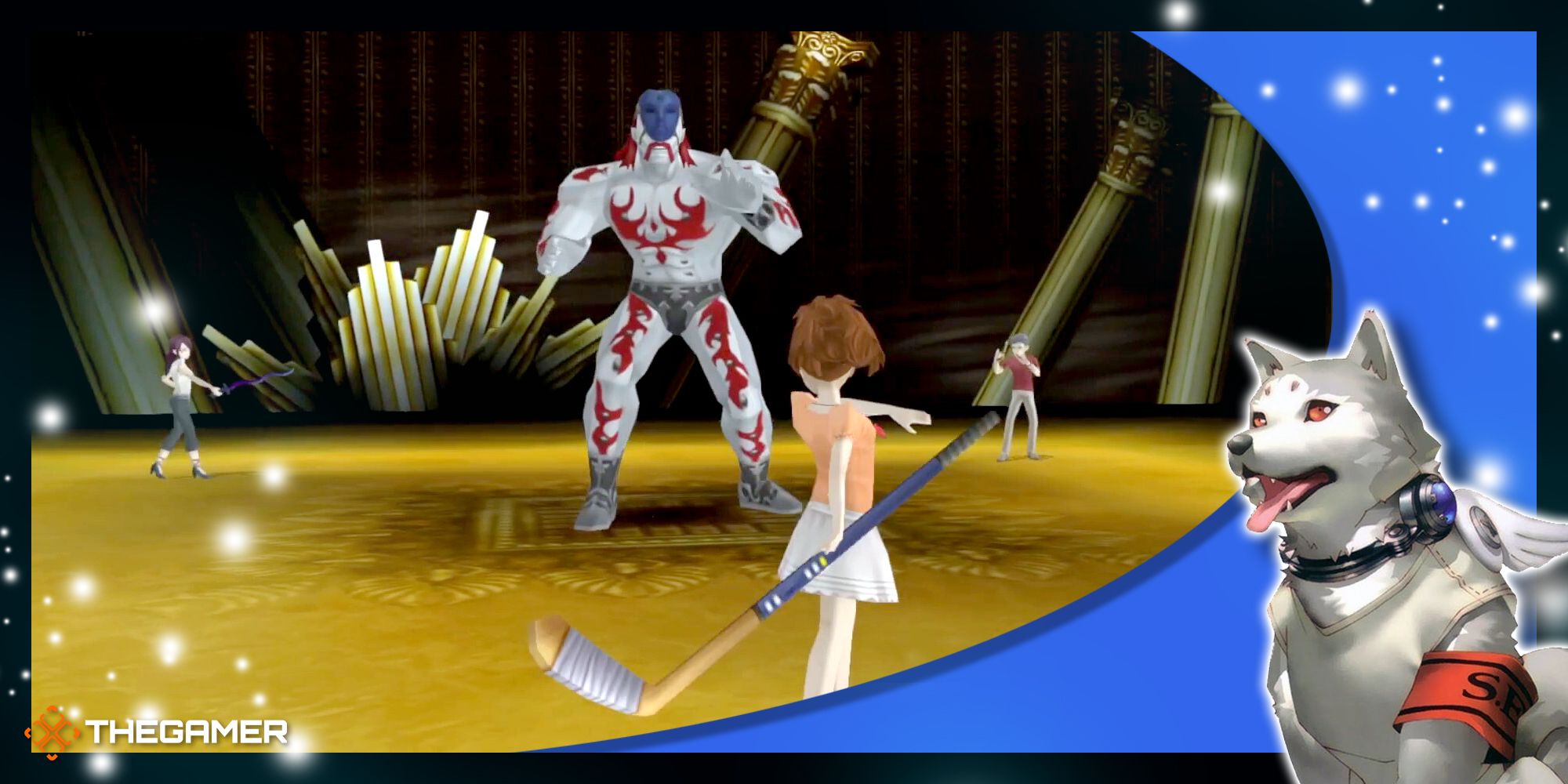 the female protagonist of persona 3 portable facing the mythical gigas guardian shadow in the tziah block of tartarus in our blue p3p koromaru frame