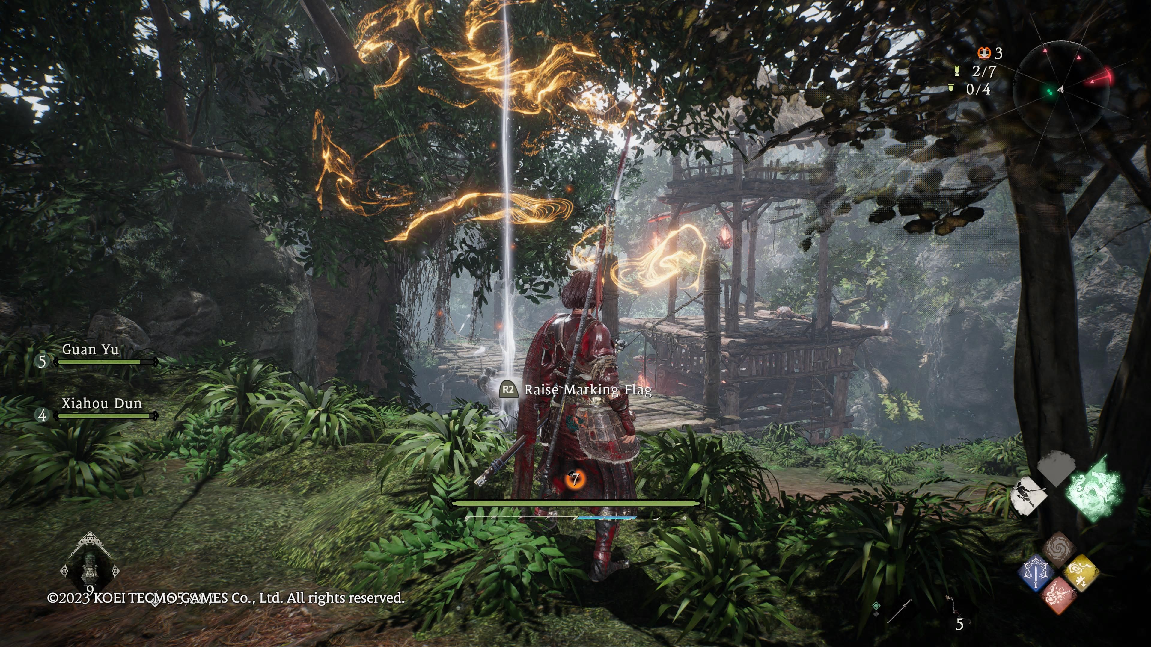 Wo Long: Fallen dynasty - our character stands in front of a marking flag, overlooking a tower