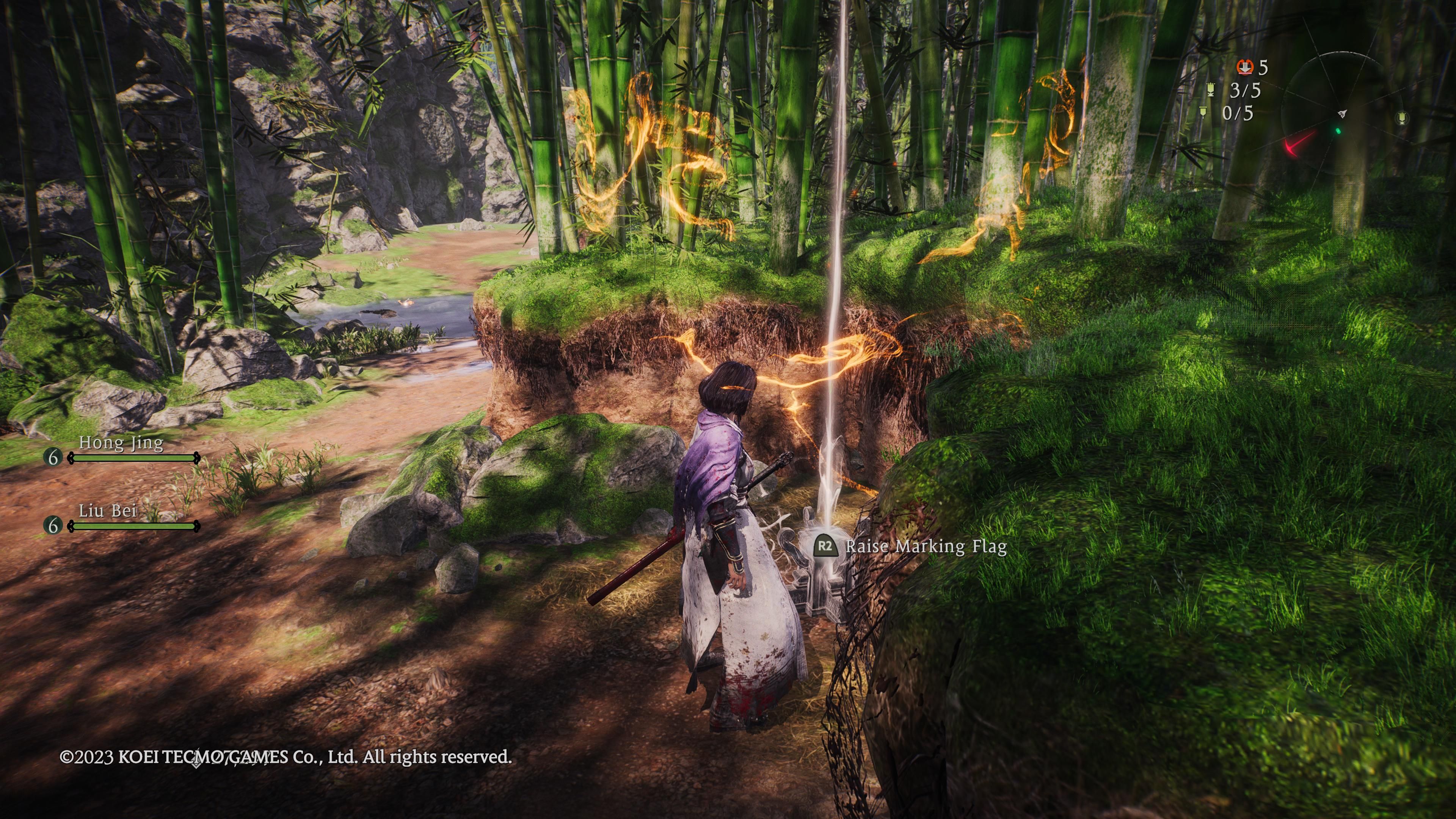 Wo Long: Fallen Dynasty - Our character stands in a small bamboo alcove in front of the First Marking Flag