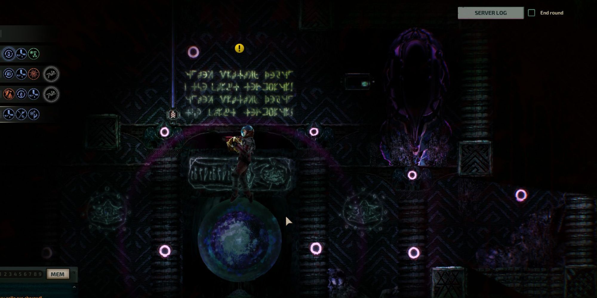 player wears the combat diving suit while exploring alien markings in unknown ruins