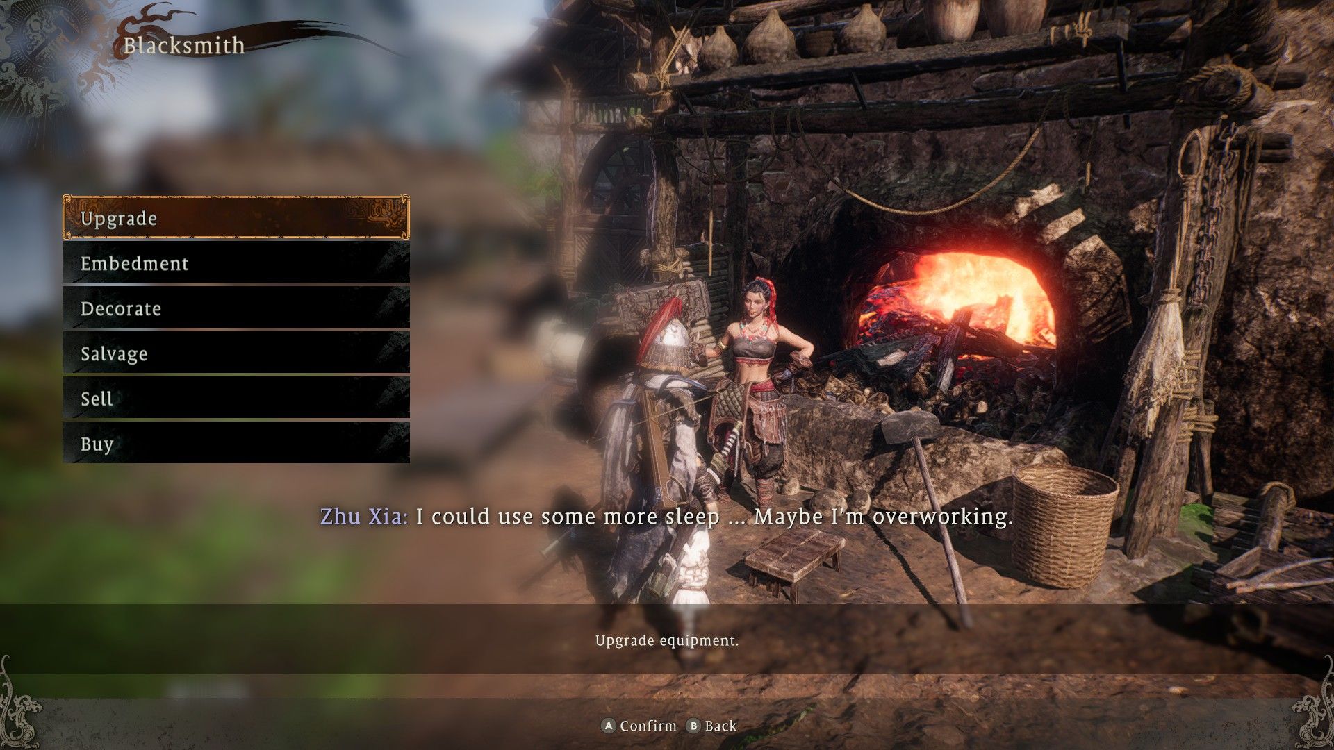 Opening Zhu Xia's Menu At Hidden Village Forge And Selecting Upgrade