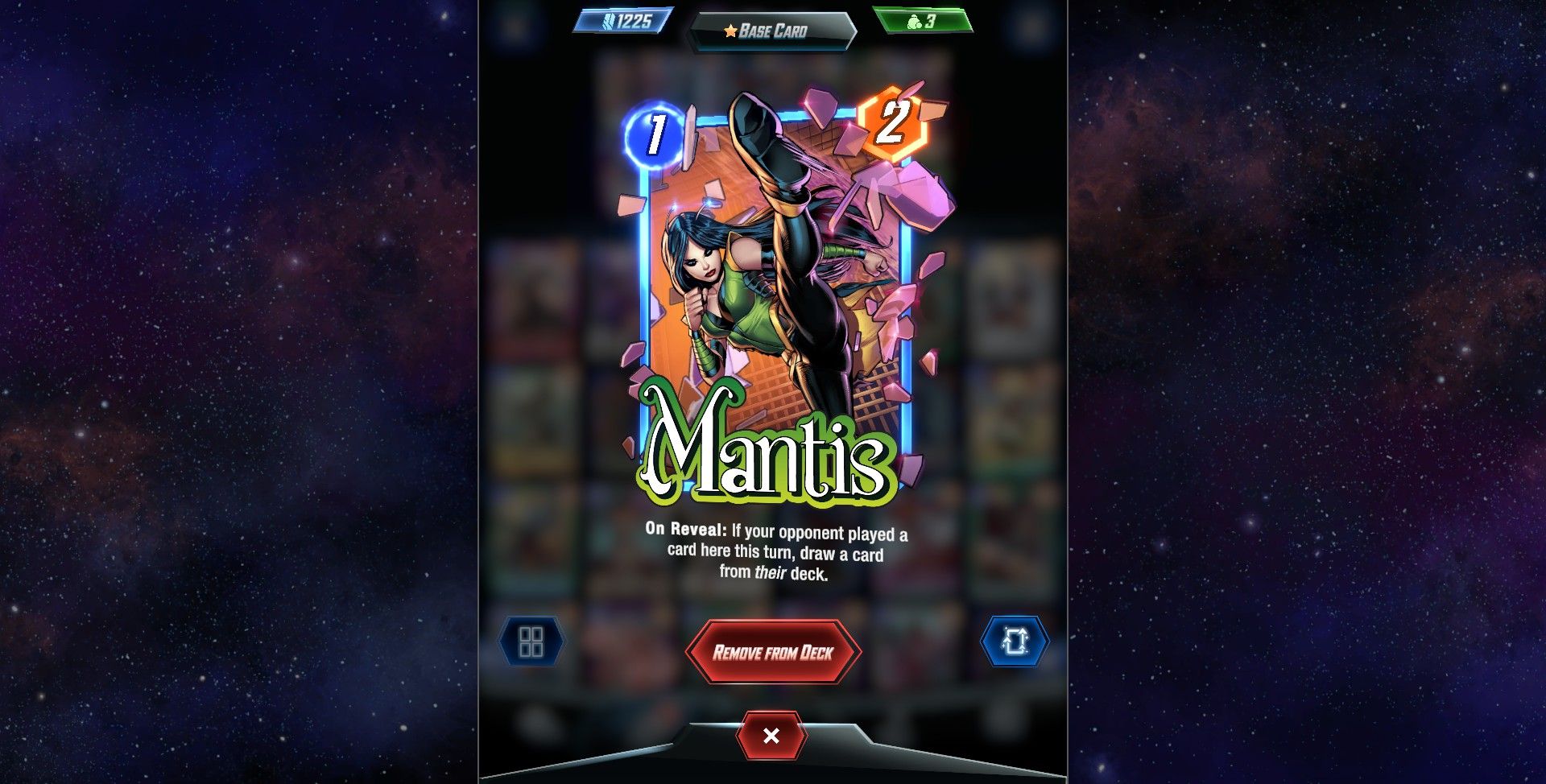 A playing card of Mantis, who has one cost and two power in Marvel Snap.