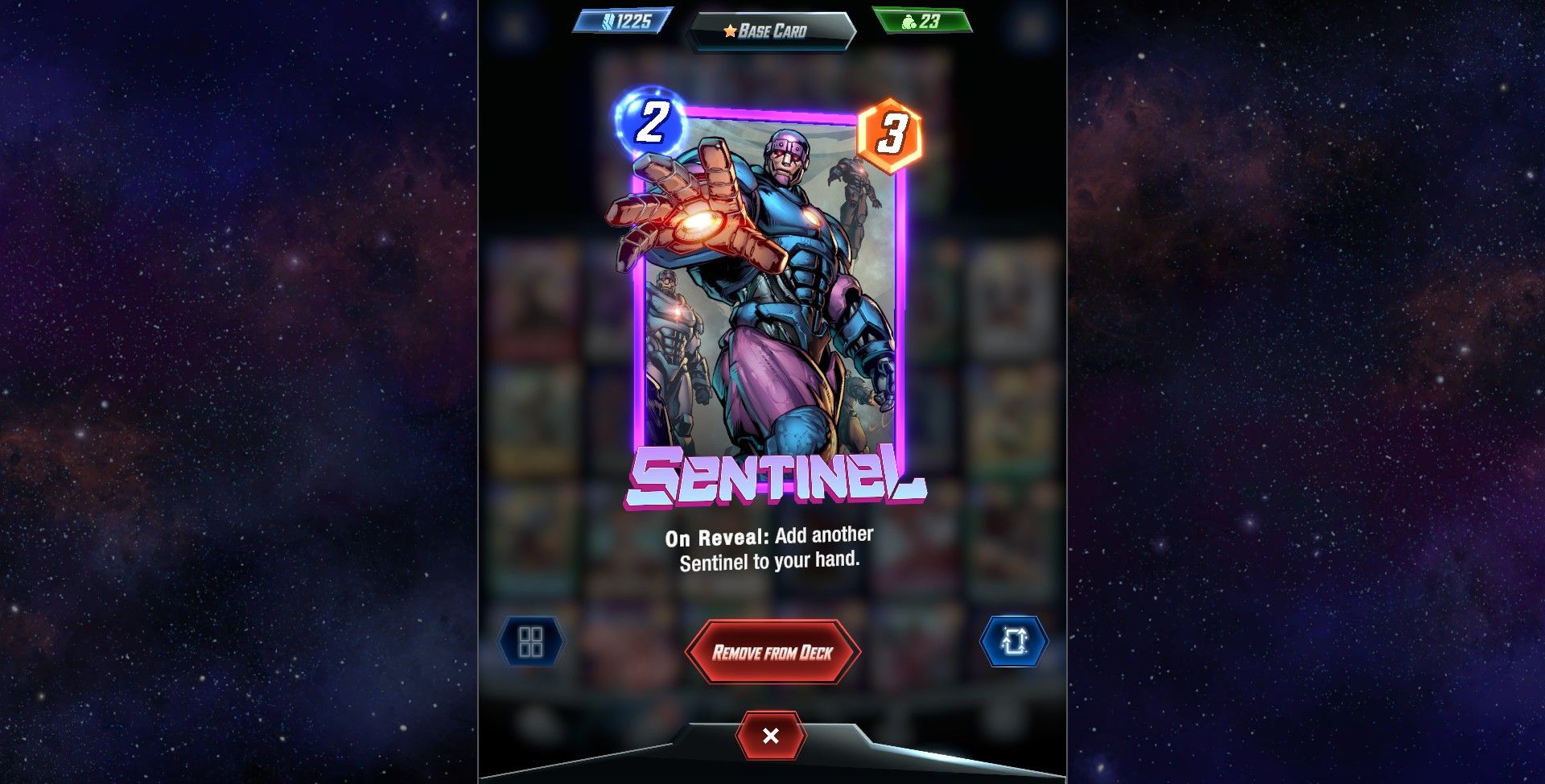 The Sentinel card, which has two cost and three power in Marvel Snap.