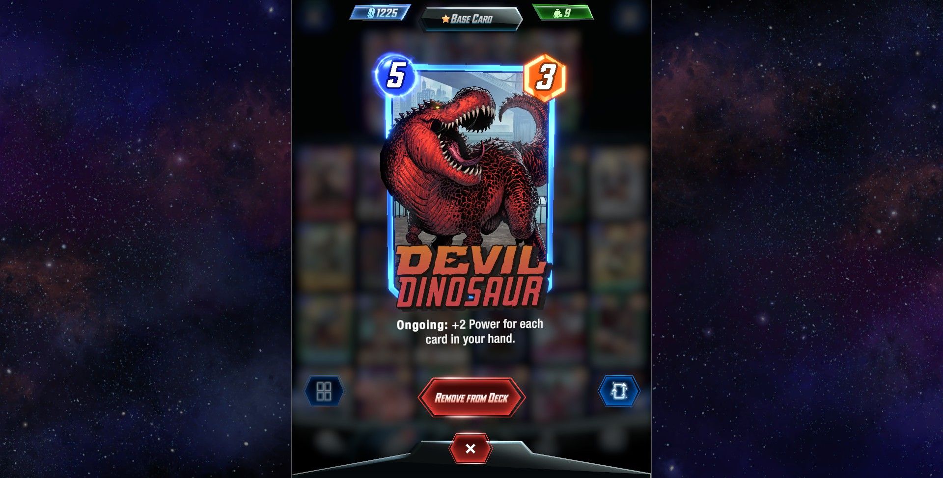 The Devil Dinosaur card with five cost and three power in Marvel Snap.