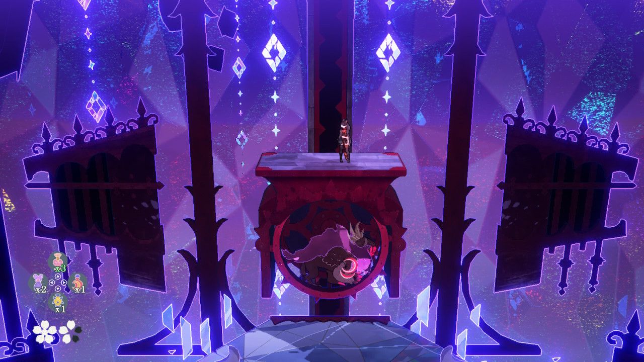 Cereza Standing Atop Platform With Cheshire Inside Wheel Contraption