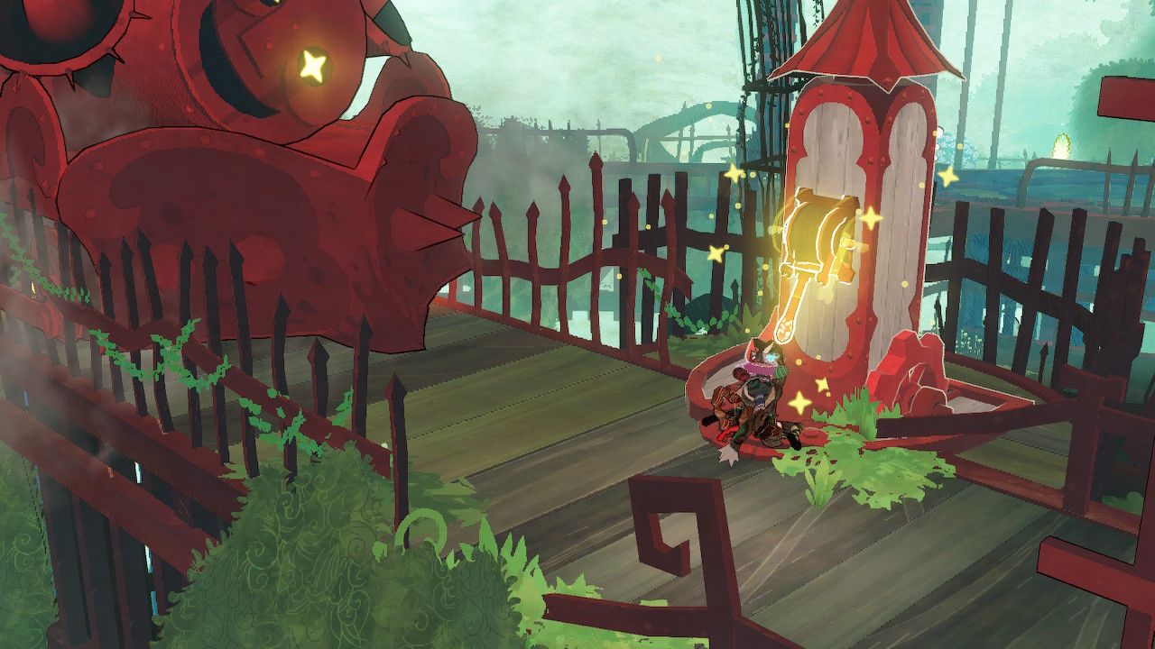 Cereza Pulling Gate Lever While Running From Animated Train