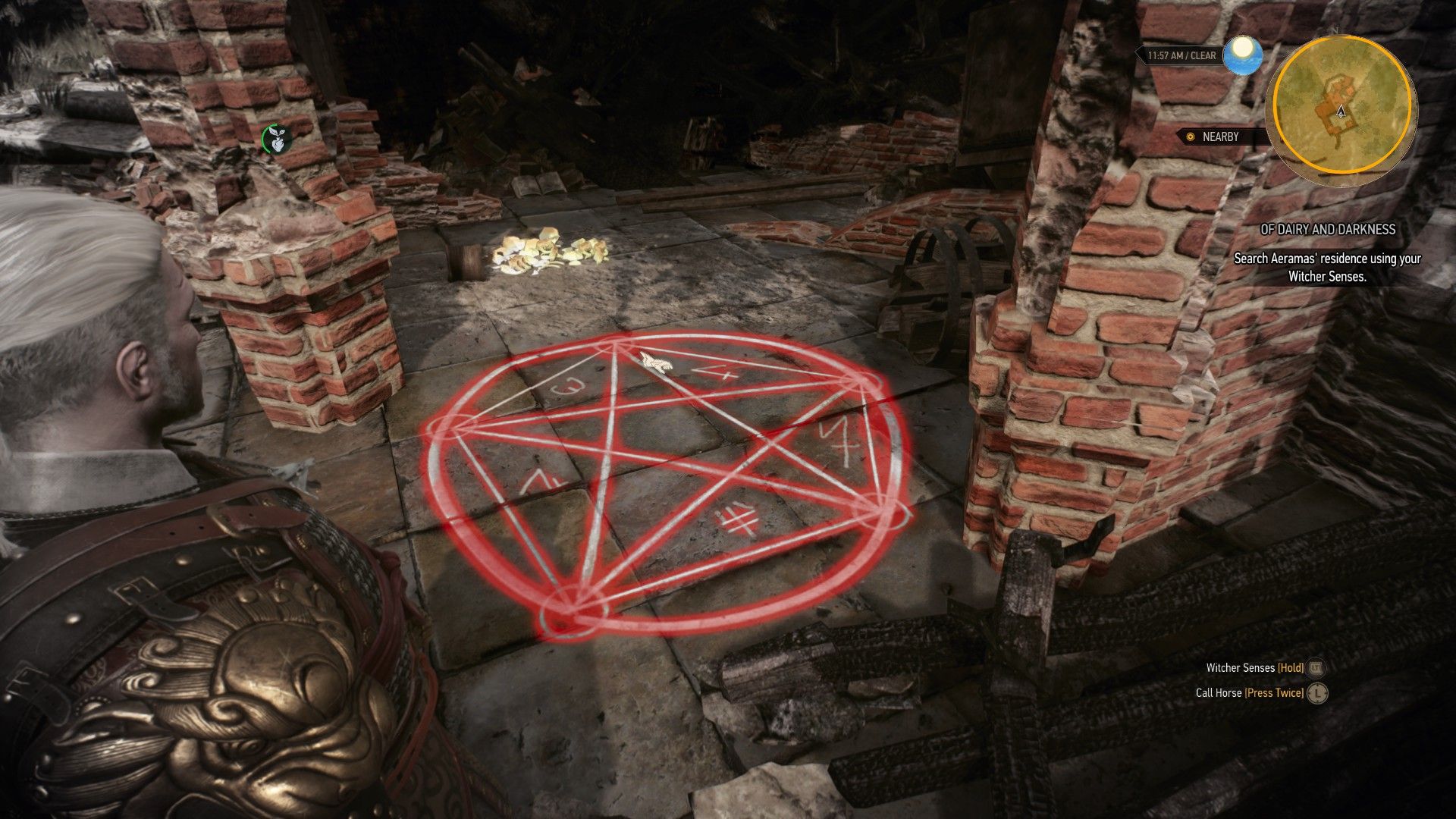 A screenshot of Geralt standing over a magic circle in a partially destroyed manor, with his Witcher Senses highlighting it in red.