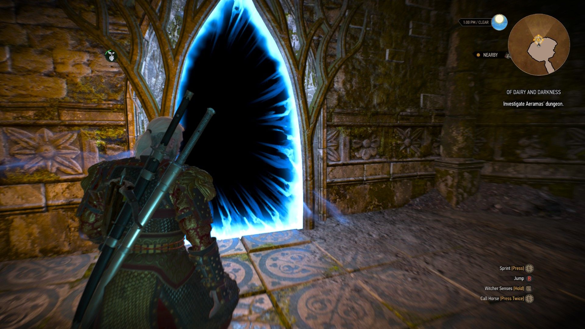 A screenshot of Geralt approaching a portal in Aeramas' dungeon.