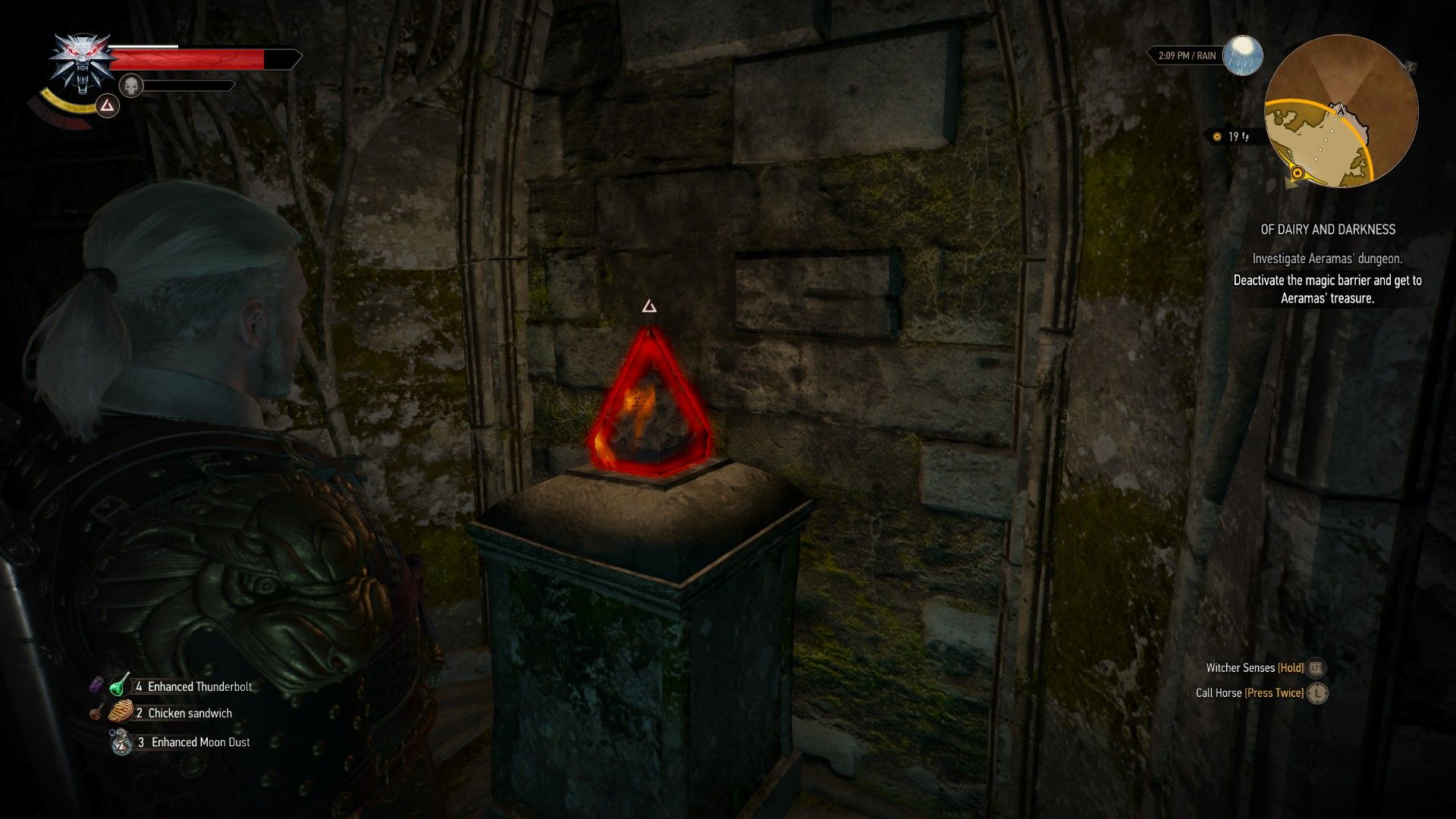 A screenshot of Geralt's Witcher Senses in The Witcher 3 highlighting an important item in red.