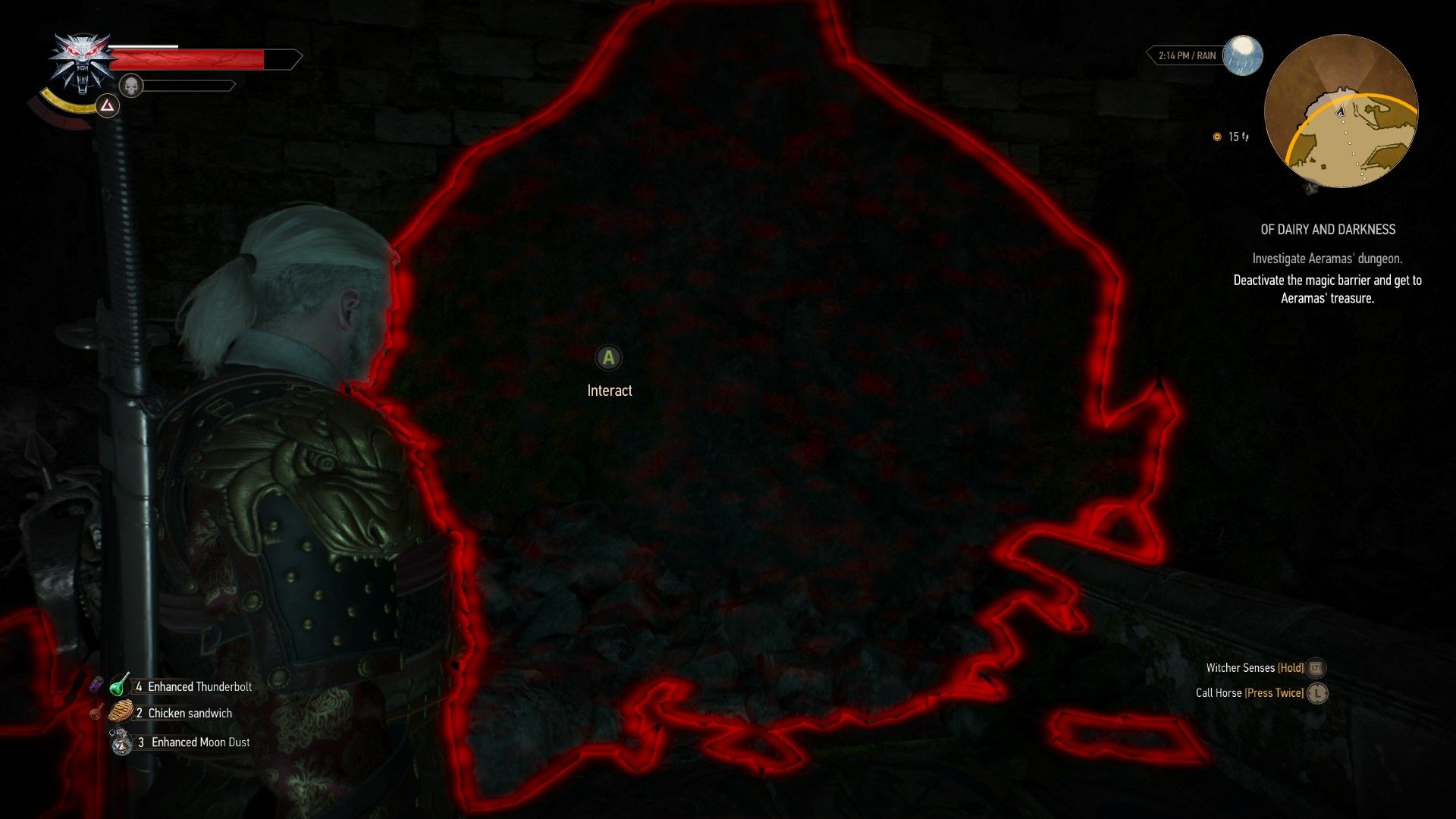 A screenshot of Geralt's Witcher Senses highlighting a pile of rocks in red, indicating that it is a dispel-able illusion.