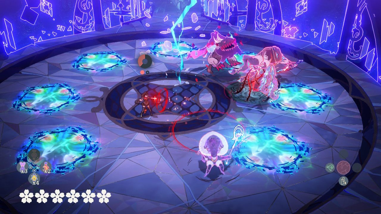 Cheshire And Cereza Fighting Several Enemies Surrounded By Magic Traps