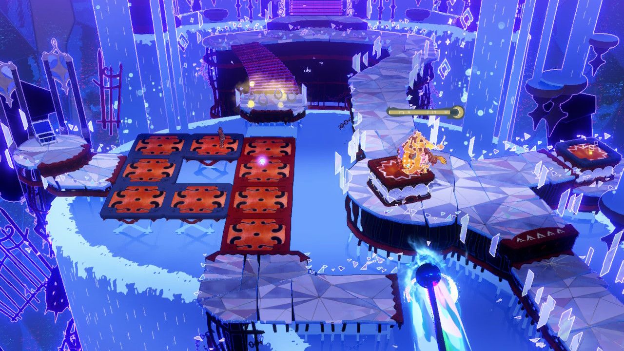 Cereza Runs Across Red And Blue Platforms While Cheshire Uses Stomp