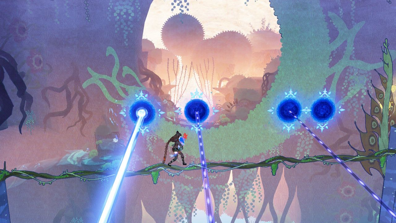 Cereza Crosses Vine Bridge While Avoiding Several Laser Turrets