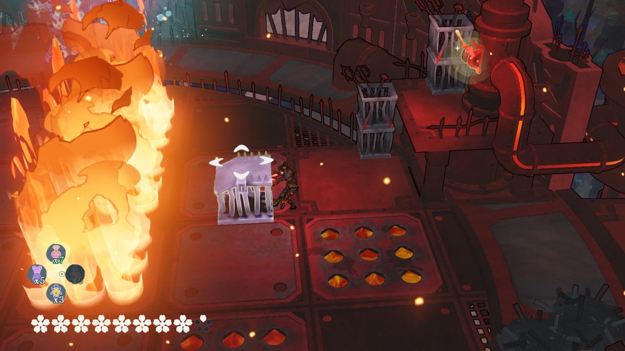 Cereza Pulls Crate Toward Lever To Turn Off Fire Trap