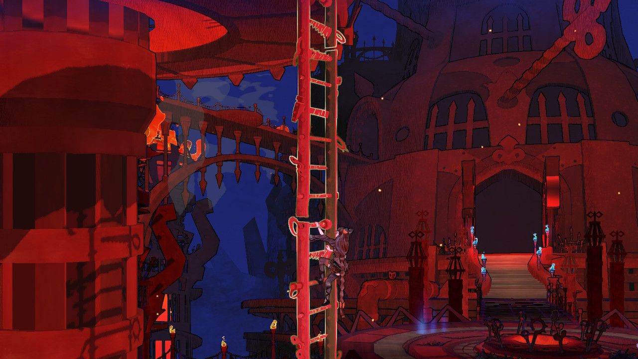Cereza Climbs Ladder Outside Puca's Fortress