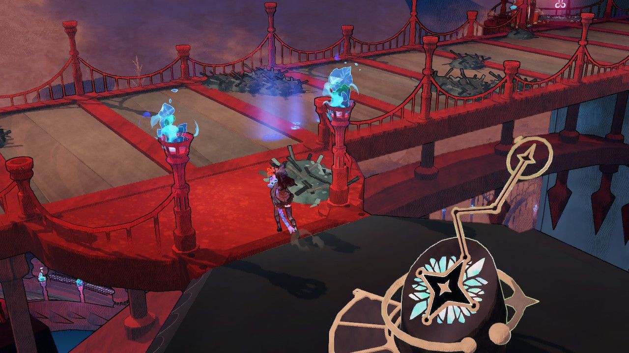 Cereza Steps Off Elevator Onto Puca's Fortress Exit Bridge