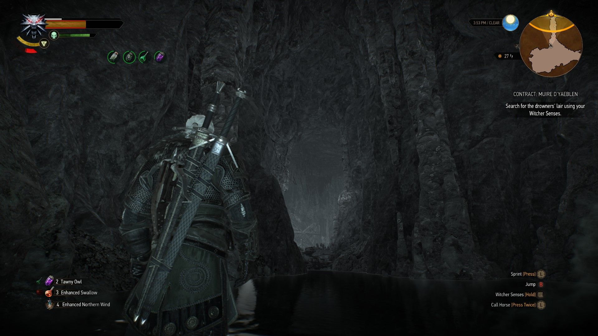 Geralt stands outside a cave with the screen in grayscale thanks to the Cat potion.