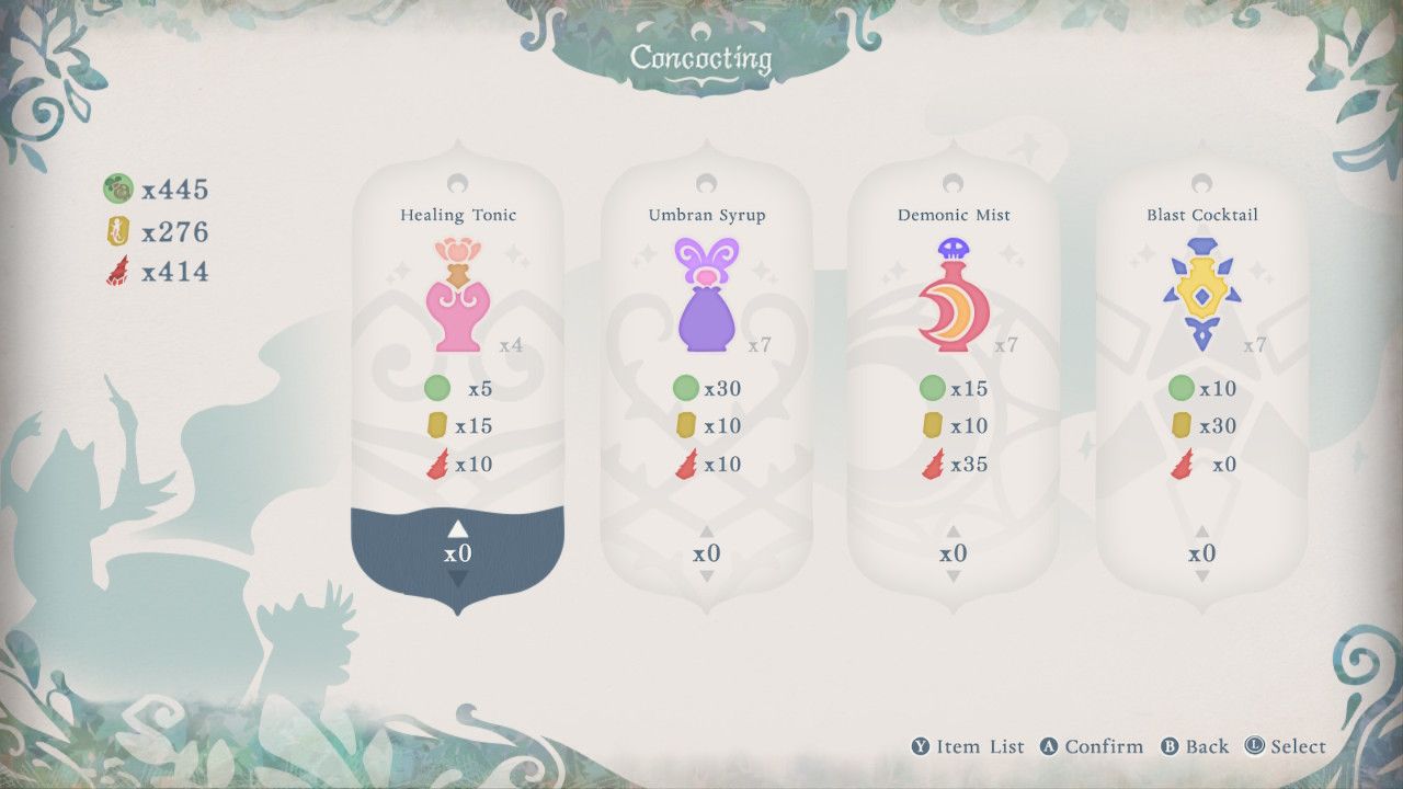 Full Potion List In Arcane Lantern Concocting Menu