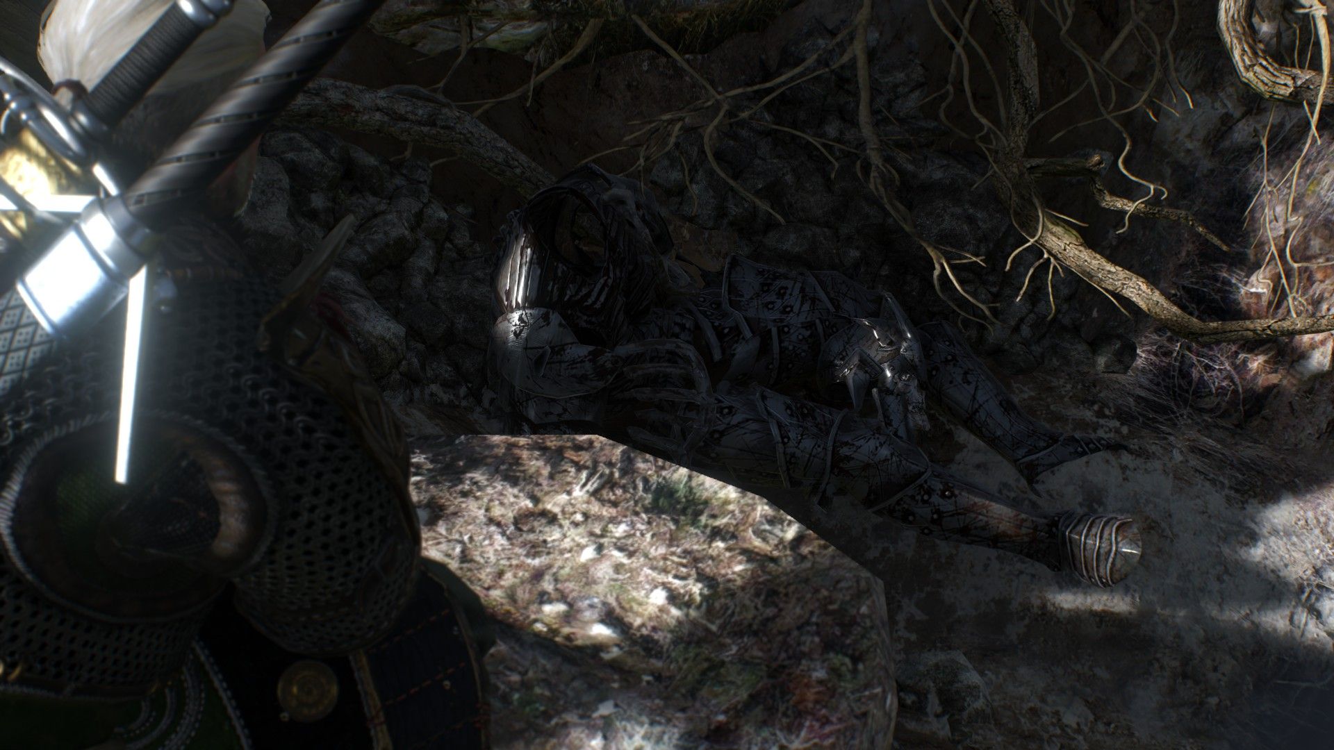 Geralt looks down into a deep ravine carved out by the armored remains of a Wild Hunt soldier.