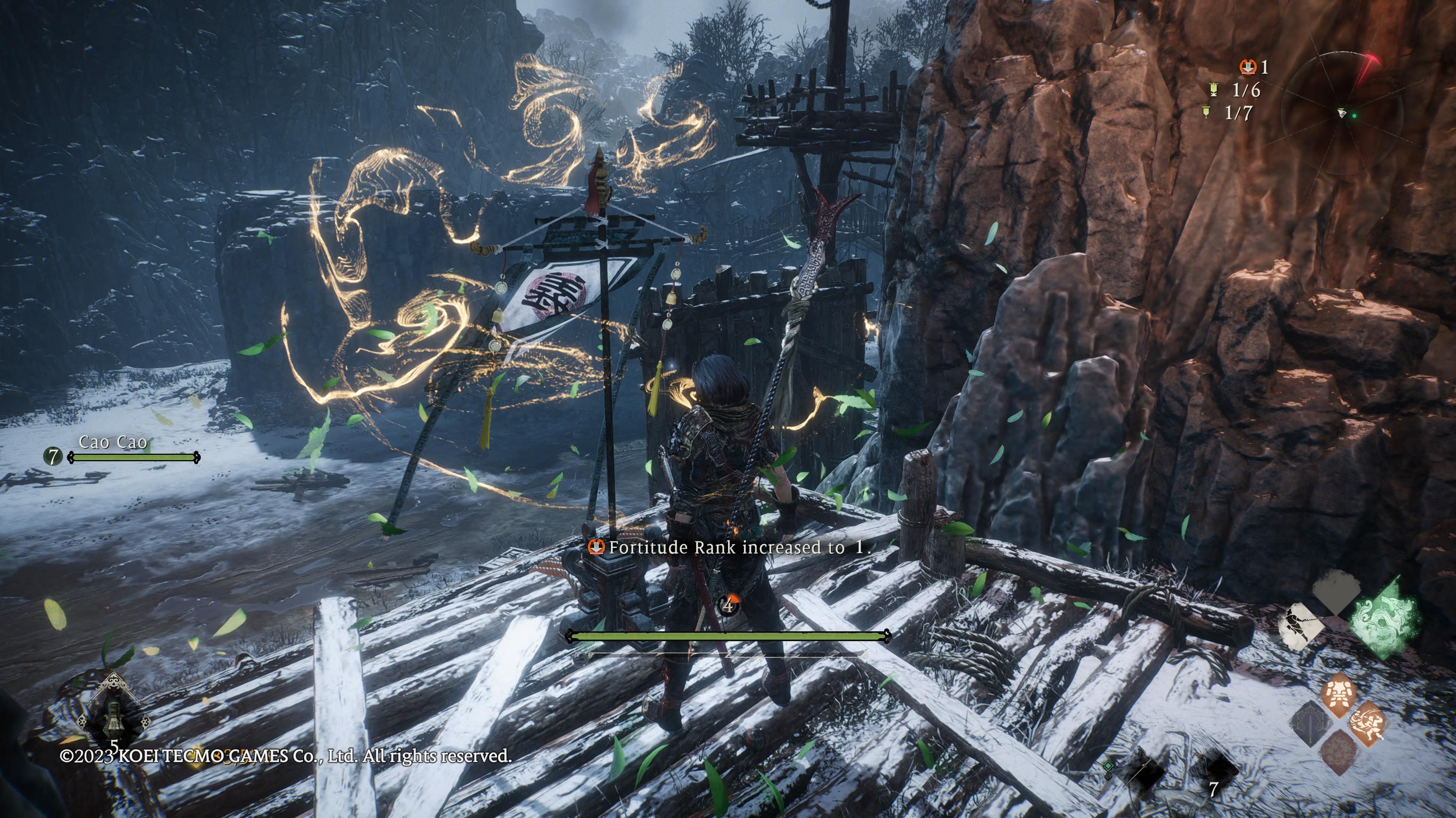 Wo Long: Fallen Dynasty - a marking flag sits on an elevated wooden platform looking over a previous area
