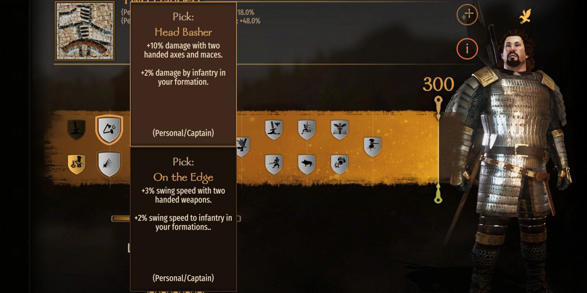 +10% damage with two handed axes and maces. +2% damage by infantry in your formation.