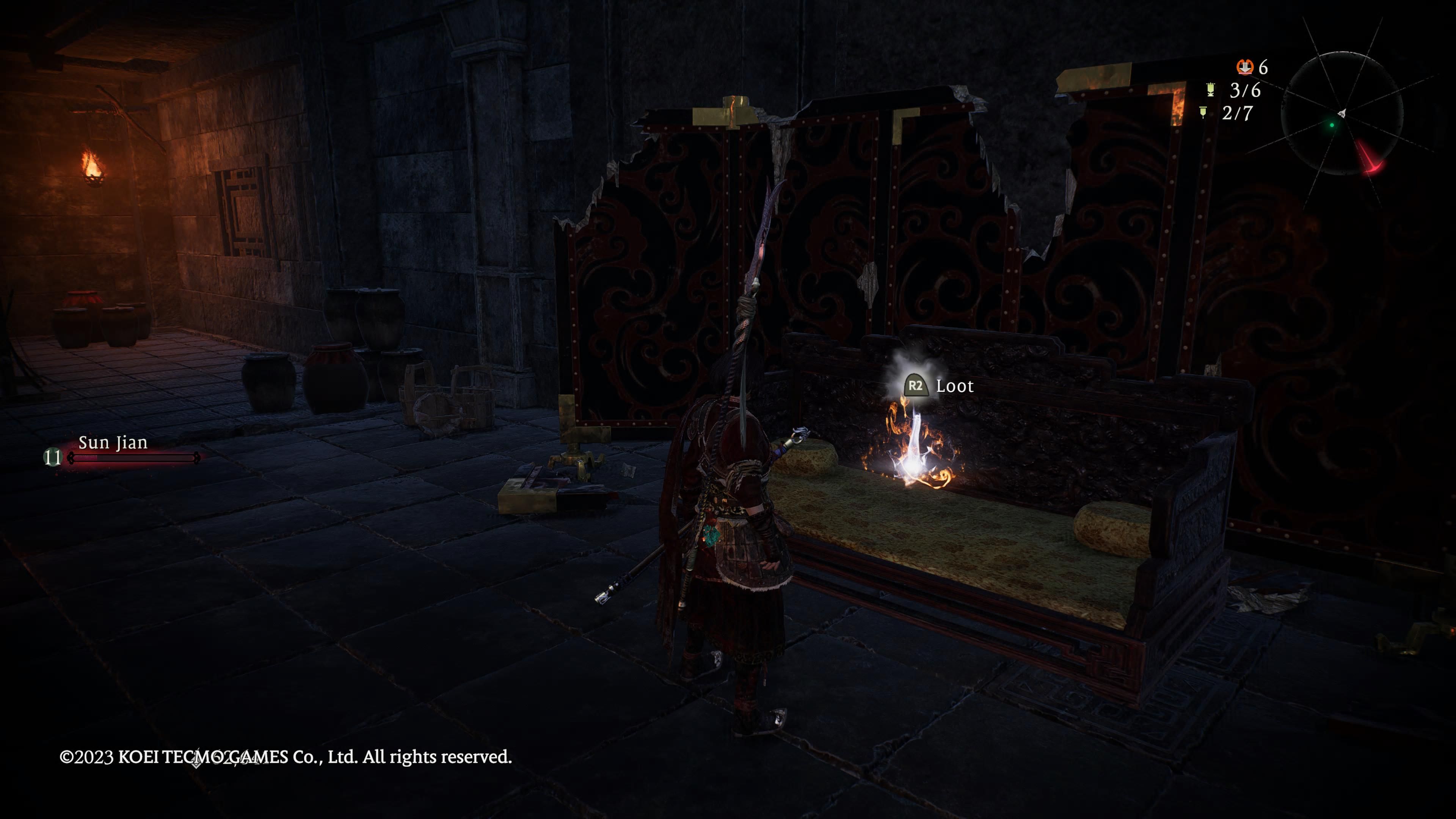 Wo Long: Fallen Dynasty - Dragon Vein Crystal location seen on a bench in front of our character