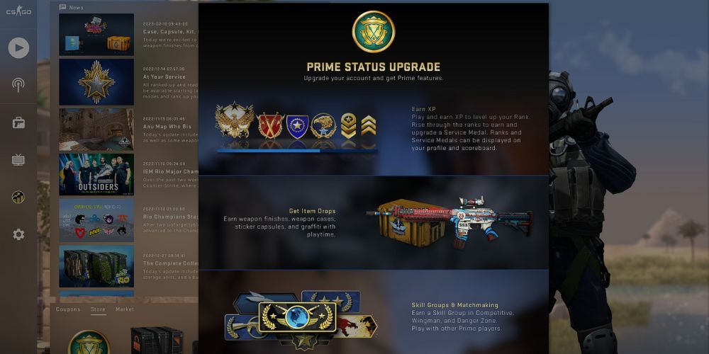 The Prime Status Upgrade screen in the CS: GO's main menu