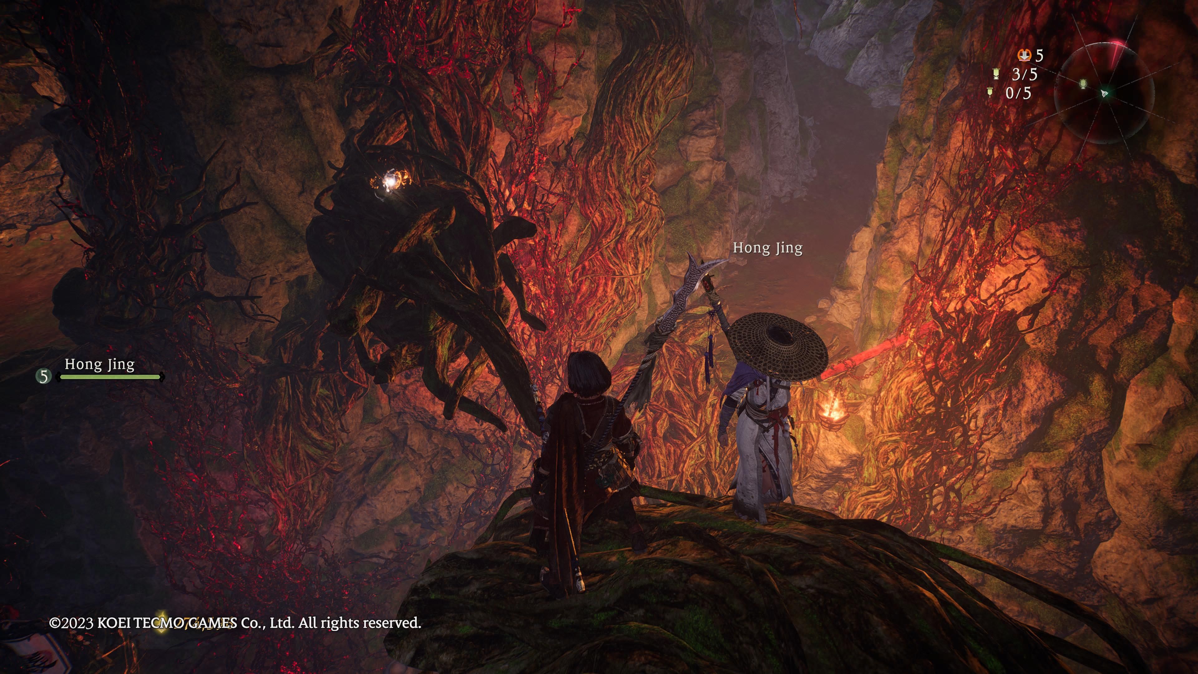 Wo Long: Fallen Dynasty - our character stands next to Hong Jin on a tree branch to reach the next Dragon Vein Essence