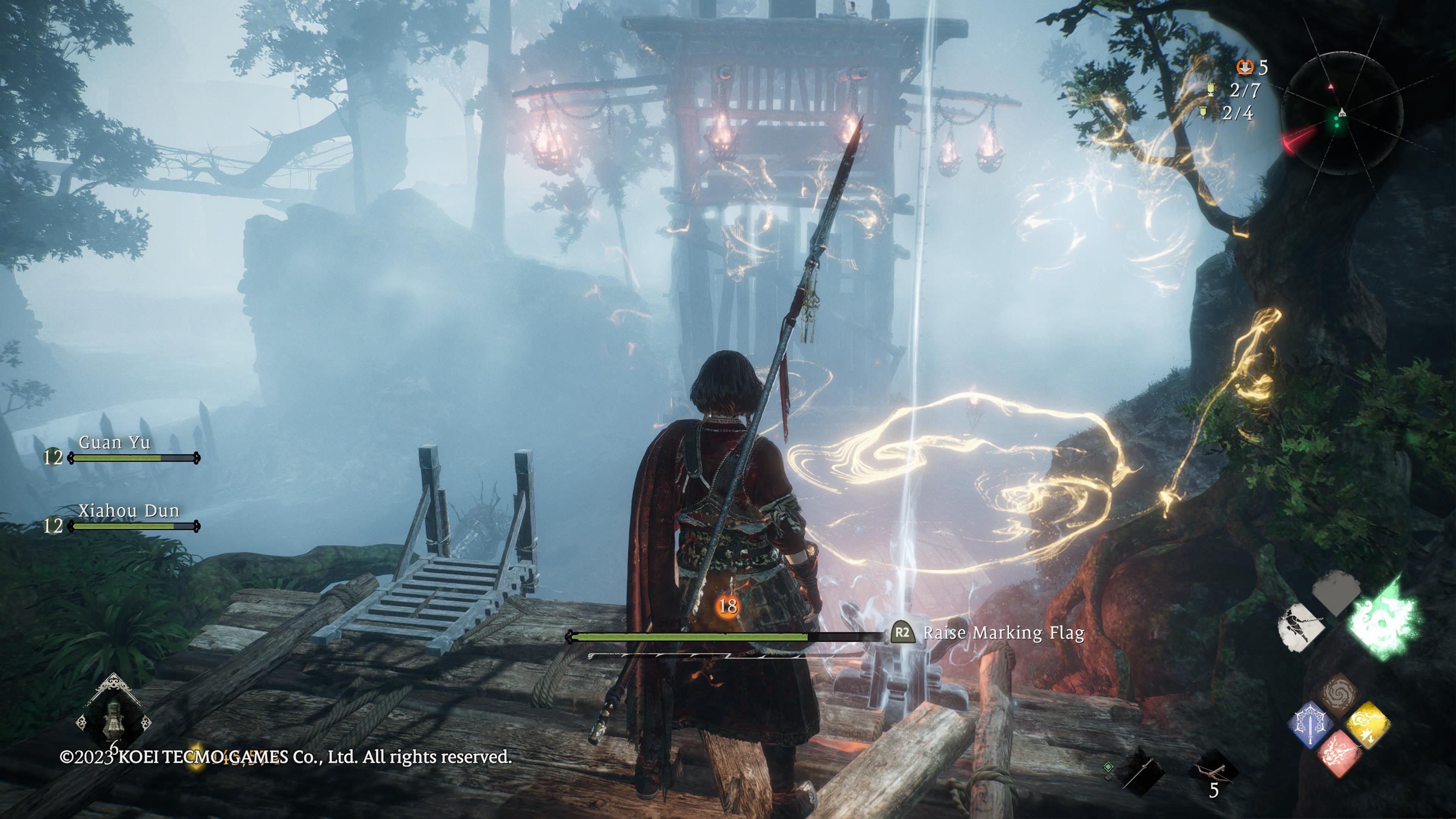 Wo Long: Fallen dynasty - the third marking flag is positioned next to a ladder shortcut on a wooden platform